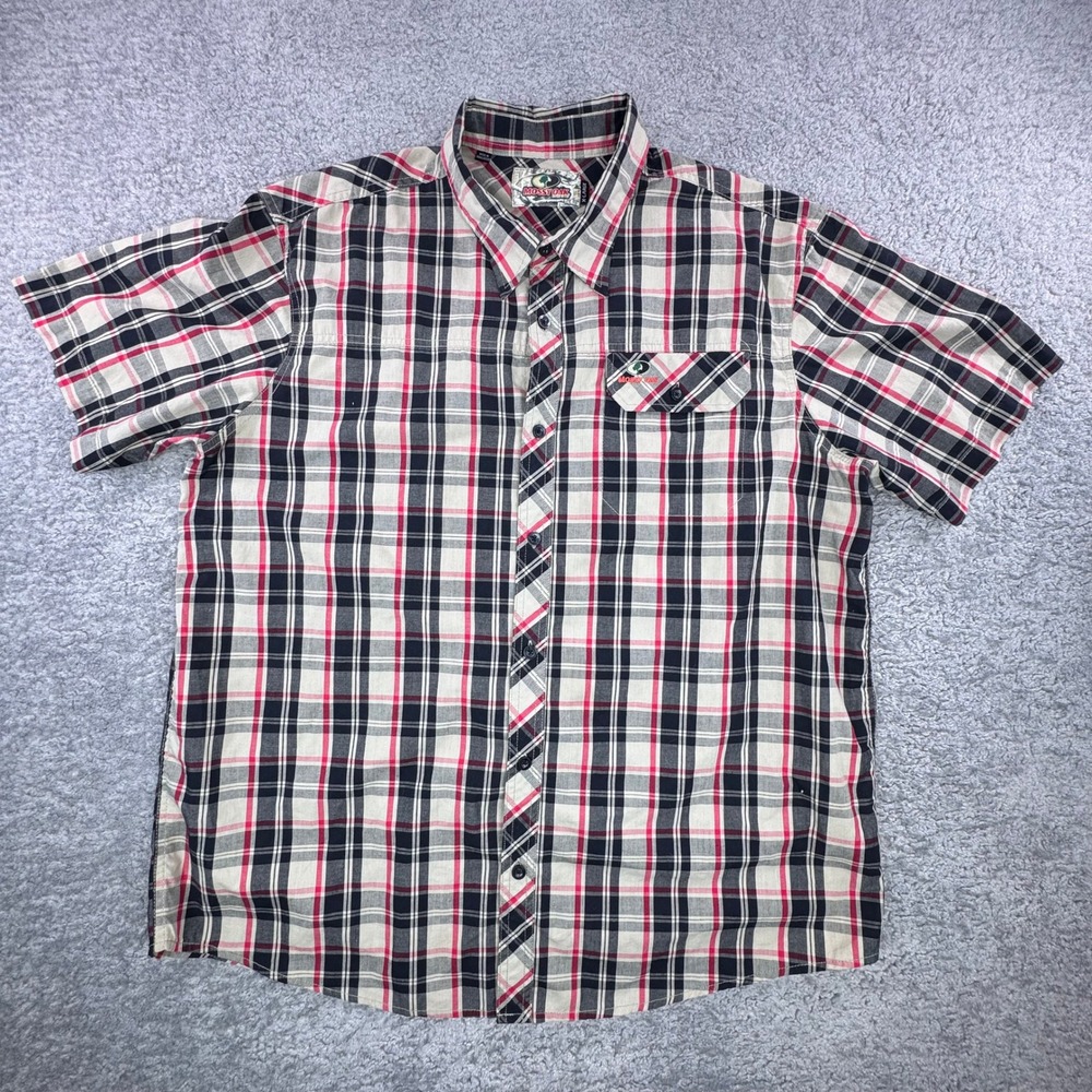 Mossy Oak Mens XL Short Sleeve Plaid Button Down Shirt Red Black Tan Pocket